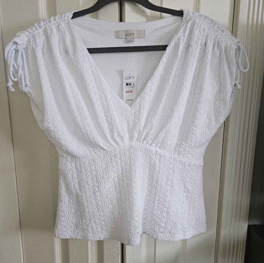 LOFT Eyelet Jacquard Ruched V-Neck Top